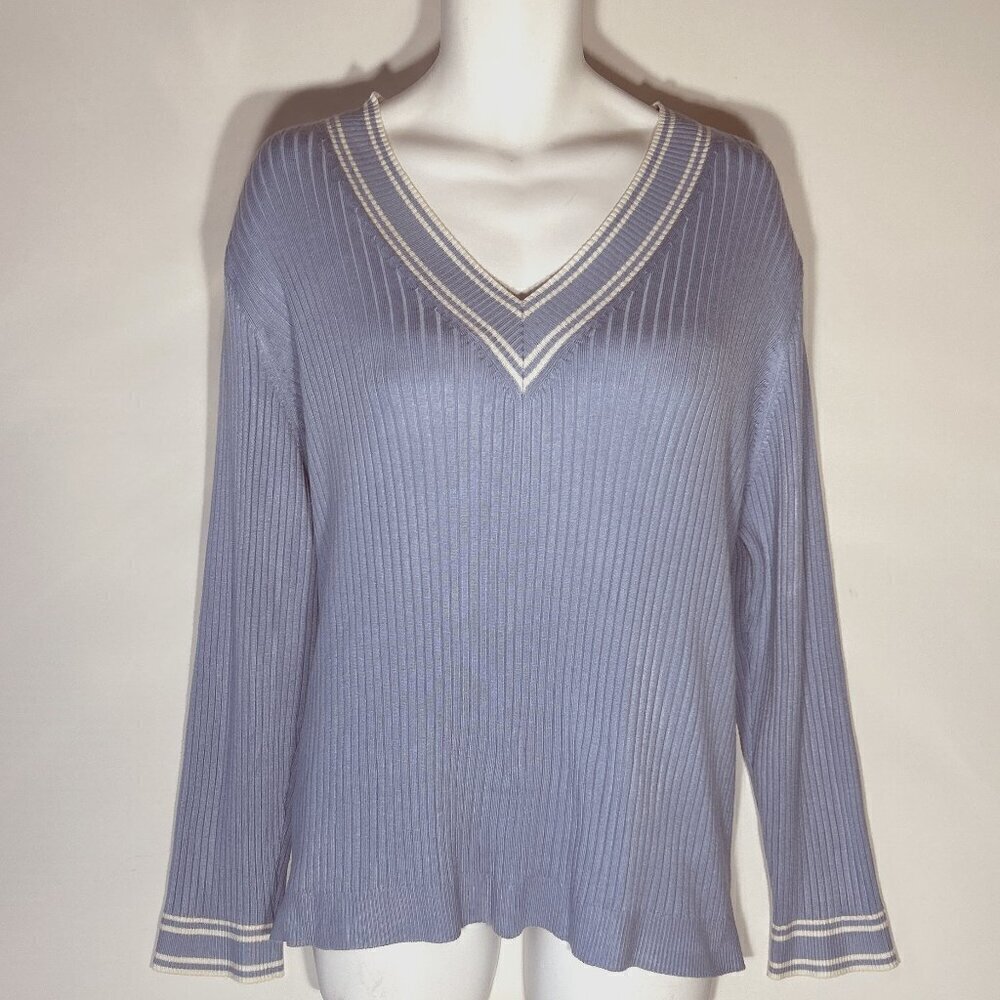 Lane Bryant Vintage SZ26/28 Blue V-Neck Ribbed Pullover 90's Tennis Preppy Sport